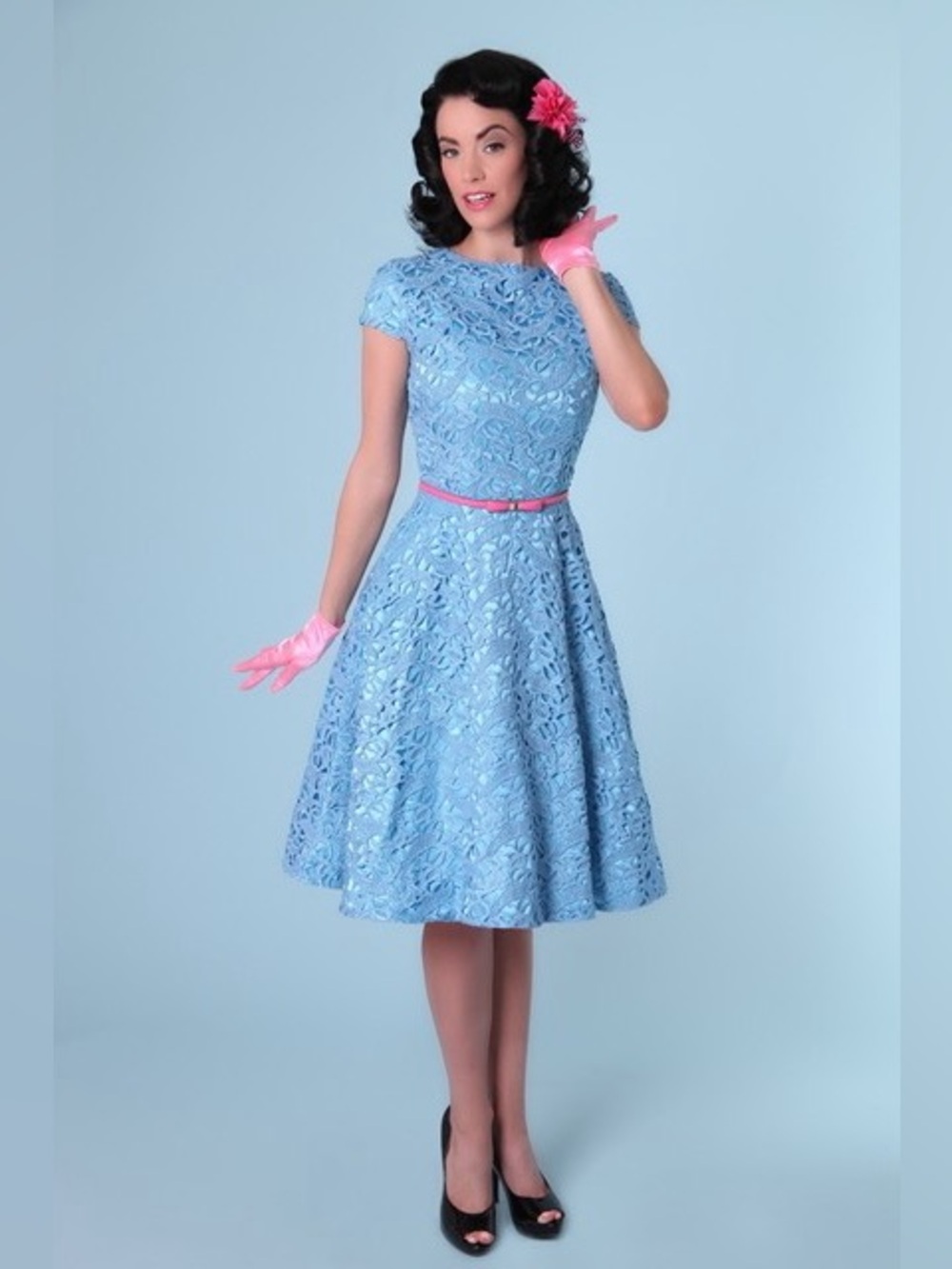 Bettie Page by Tatyana Retro Blue Lace Midi Dress